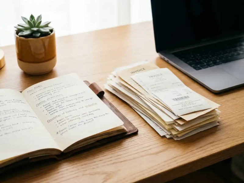Freelancer bureau met stapel bonnen en facturen naast een opengeslagen notitieboek met onkostenaantekeningen, laptop en succulent op de achtergrond.