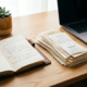 Freelancer bureau met stapel bonnen en facturen naast een opengeslagen notitieboek met onkostenaantekeningen, laptop en succulent op de achtergrond.