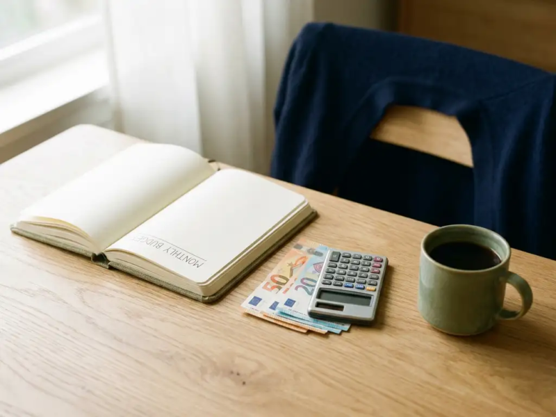 Freelancer bureau met open budgetboekje, eurobiljetten, rekenmachine en koffiekopje in zacht ochtendlicht.