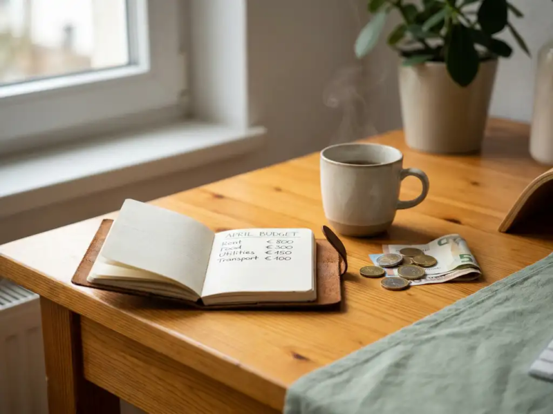 Freelancer bureau met open notitieboek vol budgetcijfers, euromunten, bankbiljetten en dampende koffie in warm ochtendlicht.