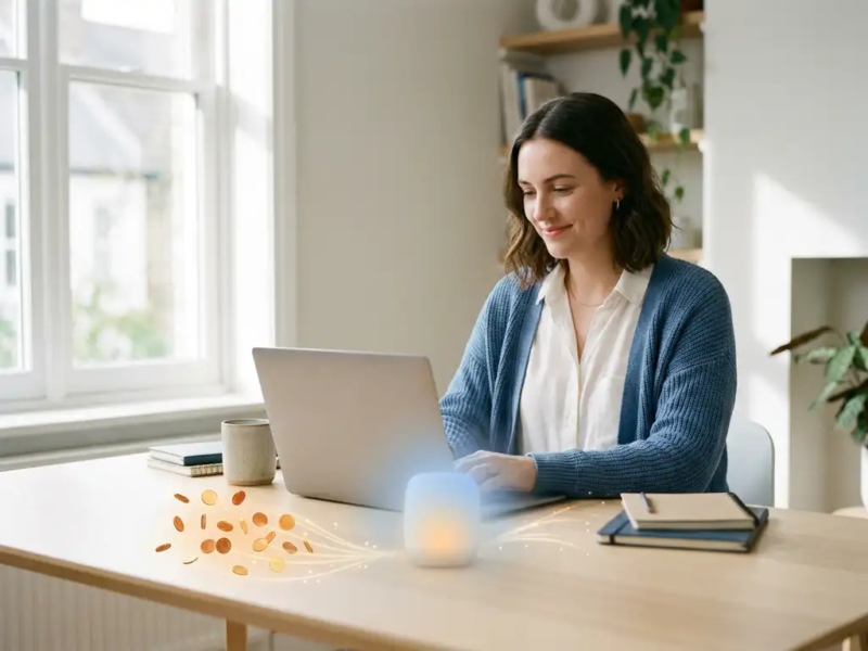 Freelancer aan minimalistisch houten bureau met gloeiende munten die samenvloeien, symboliek voor collectieve financiële steun.