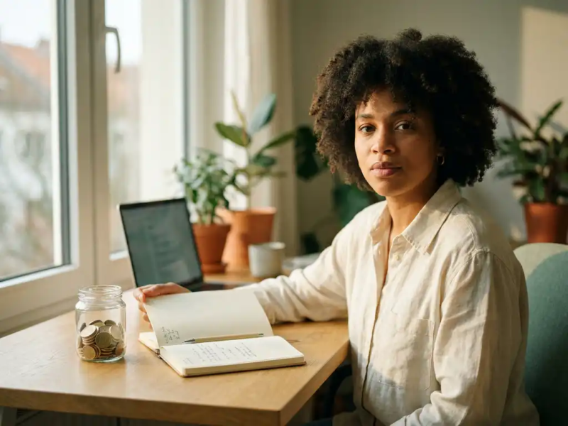 Freelancer aan een eikenhouten bureau met een open notitieboek en glazen pot gevuld met euromunten, warm ochtendlicht.