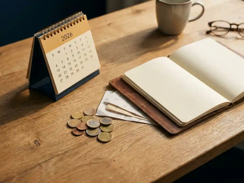 Eiken bureau met 2026-kalender, euromunten, bonnetjes en open leren notitieboek in warm ochtendlicht.