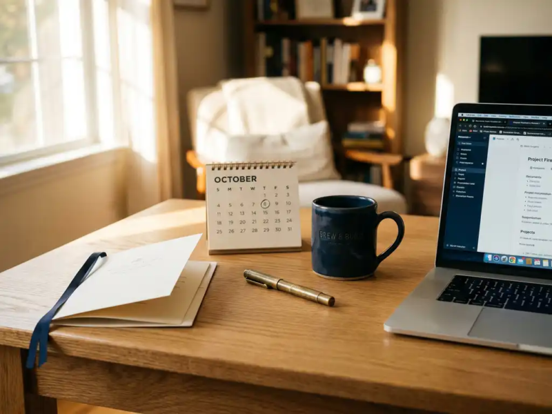Freelancer bureau met laptop, koffiemok, kalender, pen en document in boogvorm, warm middaglicht, rustgevende sfeer.