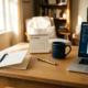 Freelancer bureau met laptop, koffiemok, kalender, pen en document in boogvorm, warm middaglicht, rustgevende sfeer.