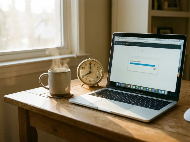 Freelancer bureau met laptop met bijna voltooide voortgangsbalk, analoge klok en dampende koffie in warm ochtendlicht.