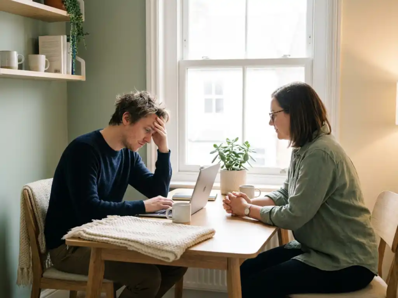 Vermoeide freelancer aan minimalistische thuiswerkplek tegenover een rustige adviseur in warm, natuurlijk verlicht kantoor.