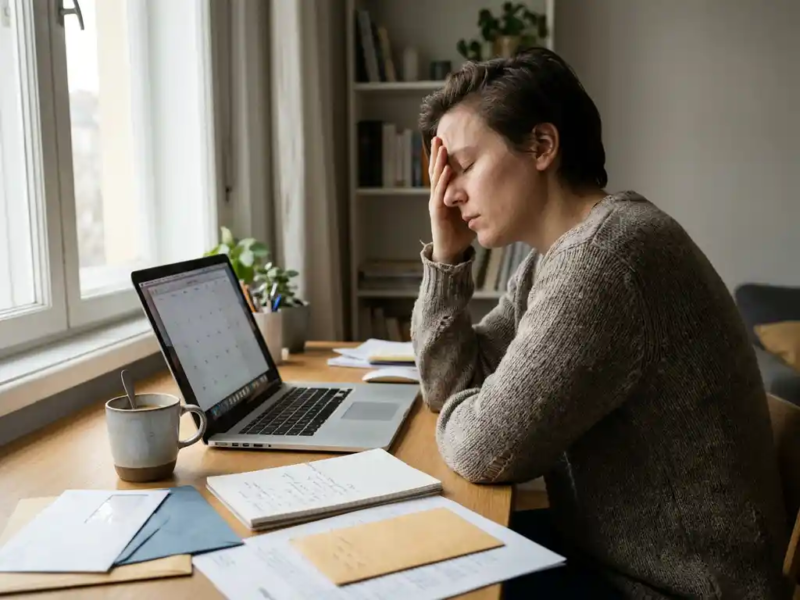 Freelancer met hoofd in hand aan minimalistische thuiswerkplek, omringd door notitieboeken en papieren, onaangeroerde koffie naast laptop.