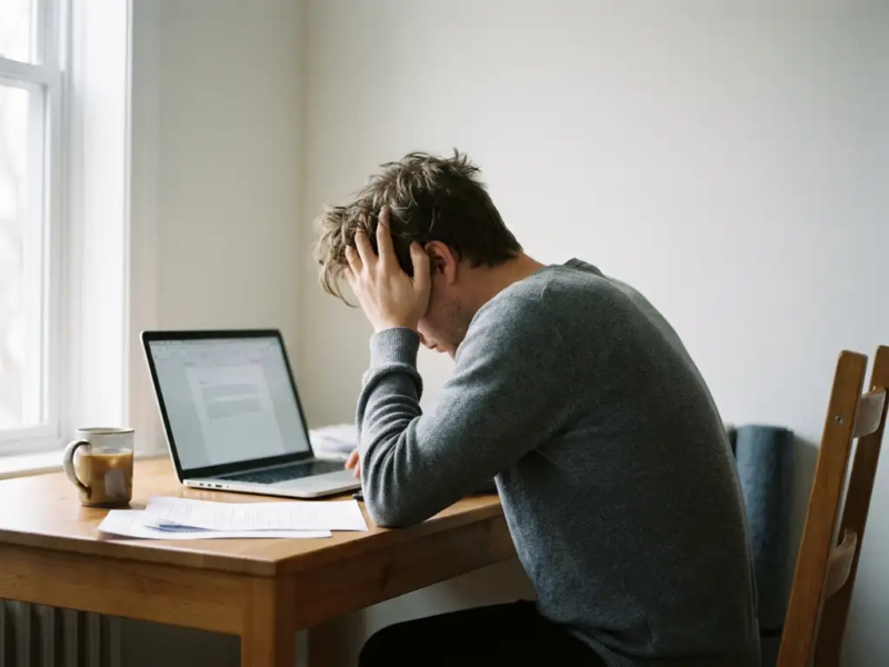 Freelancer leunt uitgeput op hand aan minimalistische thuiswerkplek met laptop, verspreide papieren en onaangeroerde koffie.