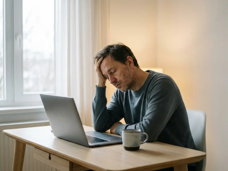 Freelancer leunt uitgeput op hand aan minimalistisch thuiskantoor bureau, laptop open, koud kopje koffie naast zich, zacht daglicht.