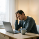 Freelancer leunt uitgeput op hand aan minimalistisch thuiskantoor bureau, laptop open, koud kopje koffie naast zich, zacht daglicht.