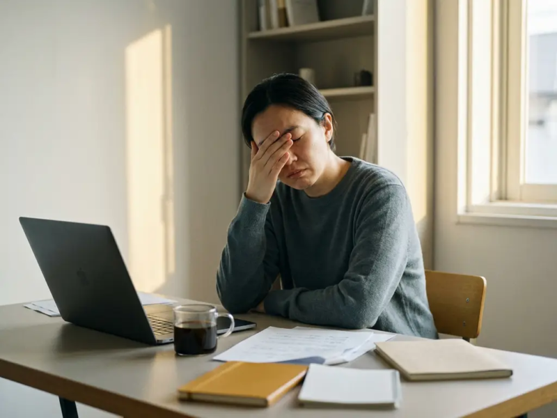 Freelancer leunt vermoeide hoofd in hand aan minimalistische thuiswerkplek, laptop opzijgeschoven, onaangeroerde koffie, verspreide papieren.