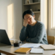 Freelancer leunt vermoeide hoofd in hand aan minimalistische thuiswerkplek, laptop opzijgeschoven, onaangeroerde koffie, verspreide papieren.