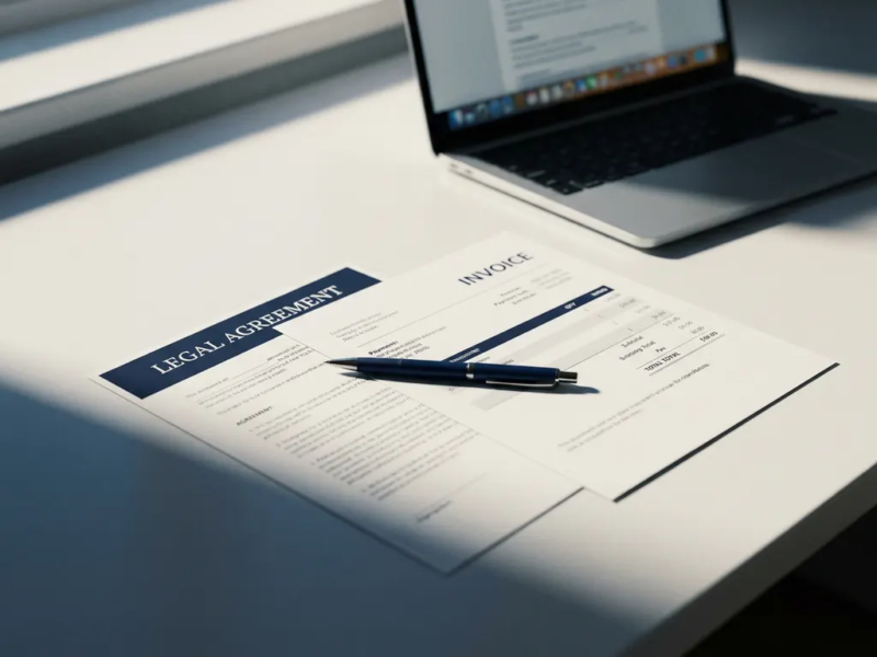 Juridisch contract en factuur naast elkaar op wit bureau met pen, freelancer-laptop onscherp op achtergrond.