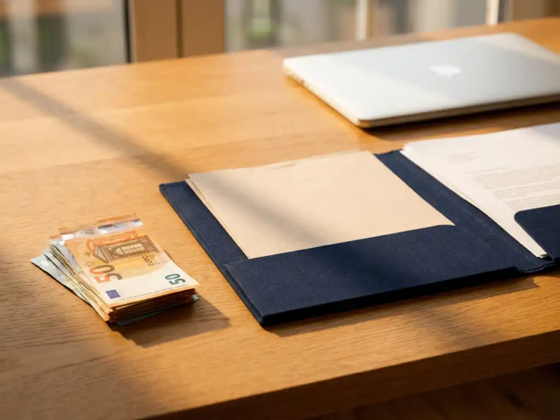 Euro biljetten naast een open belastingmap op een eikenhouten bureau van een freelancer, laptop op de achtergrond.