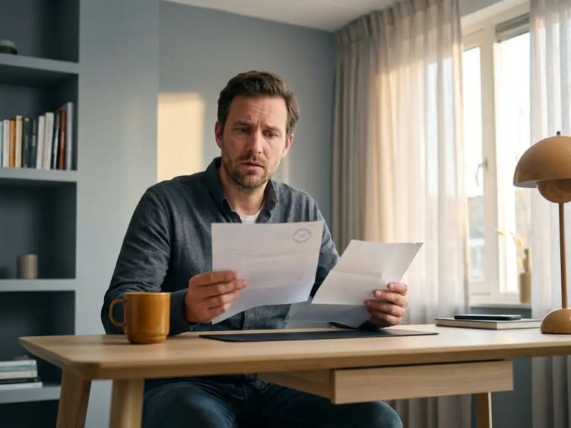 Freelancer aan modern bureau vergelijkt twee contracten, waarvan één met werkgeversstempel, in een rustige Nederlandse thuiswerkplek.