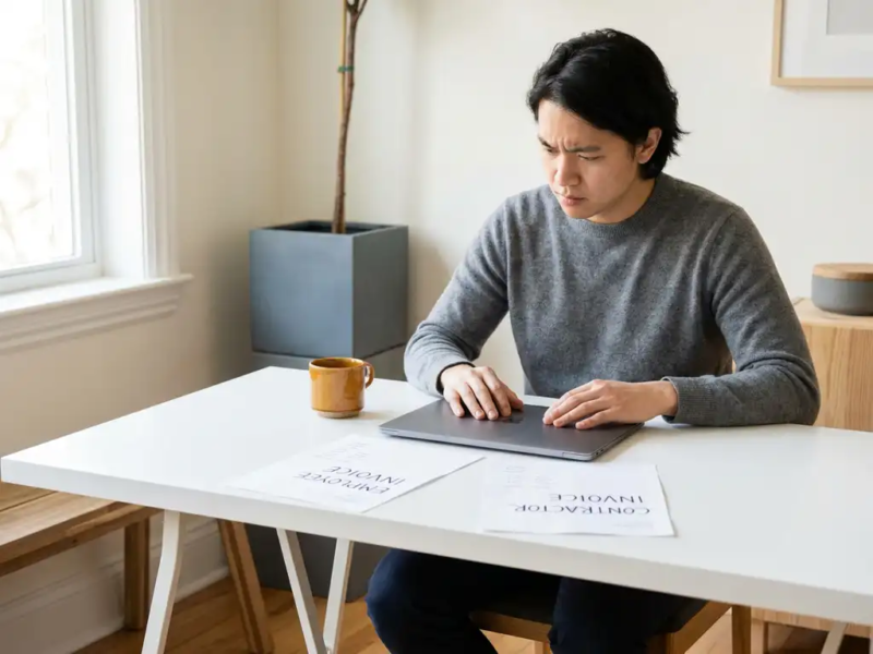 Freelancer aan wit bureau bekijkt twijfelend twee facturen naast gesloten laptop, zacht natuurlijk raamlicht, warme tinten.