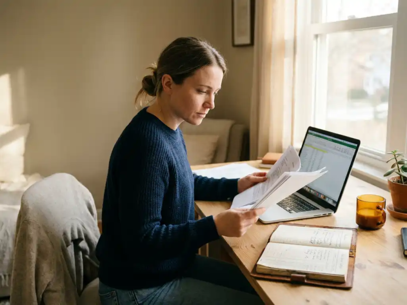 Freelance professional bestudeert financiële documenten aan een modern houten bureau met opengeslagen kasboek en laptop in warm ochtendlicht.