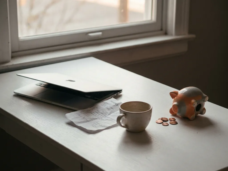 Omgevallen spaarpot op minimalistisch wit bureau met verfrommelde factuur en leeg koffiekopje naast laptop, symbool voor financiële stress als freelancer.