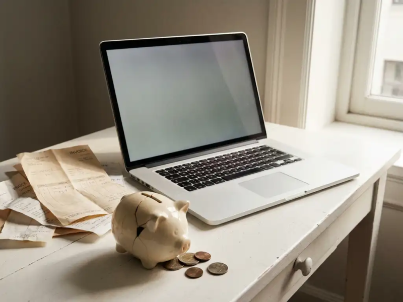 Gebarsten spaarpot op zijn zij met uitgestrooide munten naast laptop en facturen op wit bureau, symbool van financiële onzekerheid als freelancer.