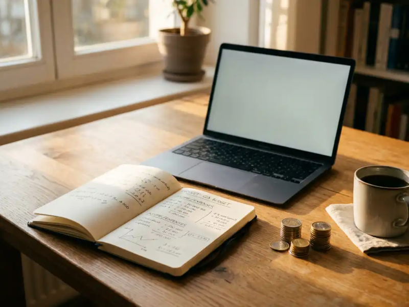 Freelancer aan een eikenhouten bureau met notitieboek vol financiële berekeningen, laptop en euromunten naast een koffiekopje.
