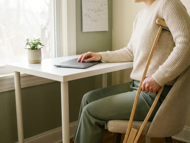Freelancer met kruk aan bureau, hand op gesloten laptop, kalender en plant op de achtergrond, zacht natuurlijk daglicht.