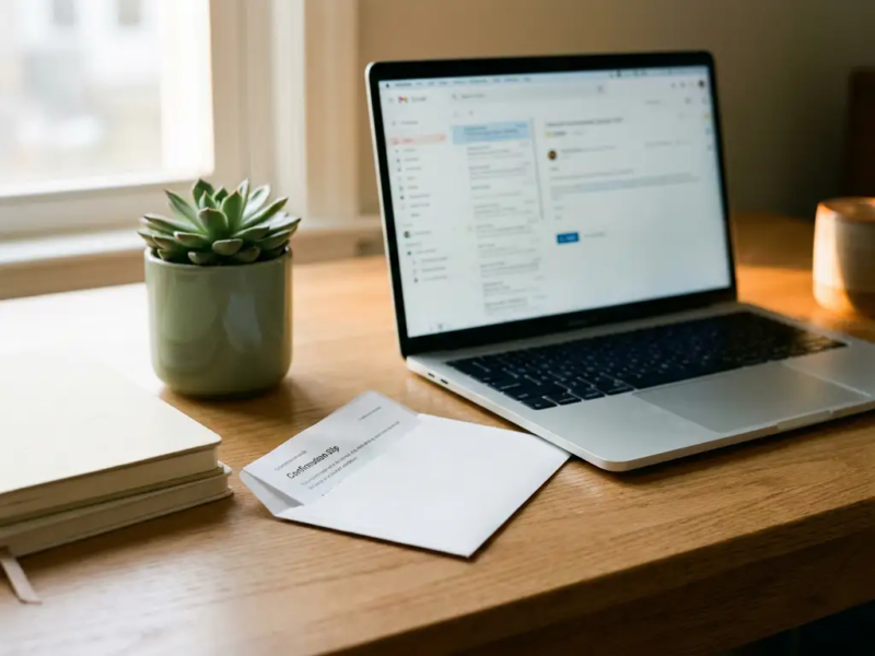 Freelancer laptop en witte envelop met bankoverschrijving op eikenhouten bureau, klein succulent, zacht natuurlijk raamlicht.