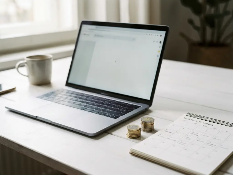 Laptop en gestapelde euromunten op wit bureau naast een maandplanner, zacht ochtendlicht, freelance financiën.