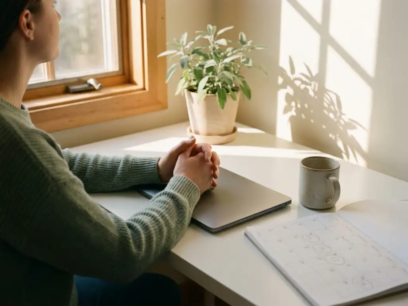 Freelancer aan wit bureau met handen op gesloten laptop, kalender met gemarkeerde dagen en dampende koffie in warm natuurlijk licht.
