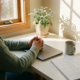 Freelancer aan wit bureau met handen op gesloten laptop, kalender met gemarkeerde dagen en dampende koffie in warm natuurlijk licht.