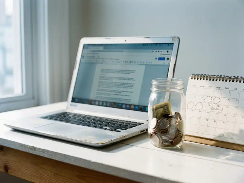 Freelancer laptop en glazen spaarpot met munten op wit bureau naast kalender met weinig boekingen, in zacht natuurlijk licht.