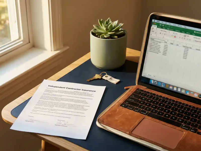 Freelancer laptop en ondertekend verzekeringsdocument op modern bureau, met huissleutel en succulent in warm daglicht.