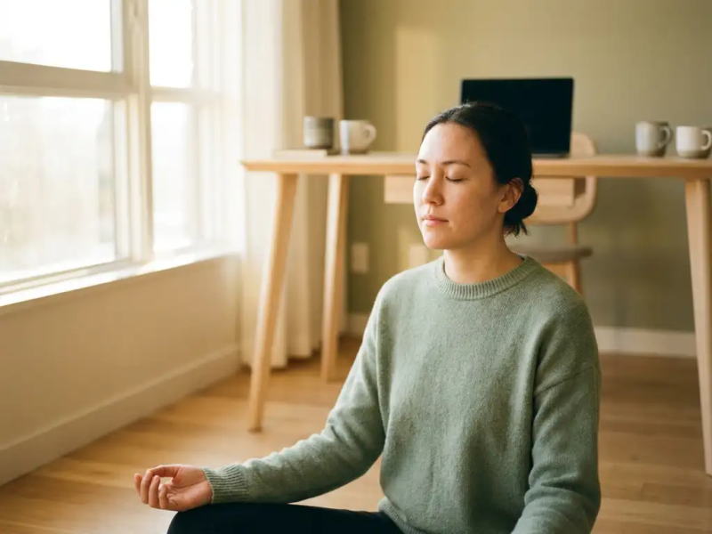 Freelancer zit gekruisbeens op houten vloer in meditatiehouding, ogen gesloten, handen op knieën, thuiskantoor op de achtergrond.