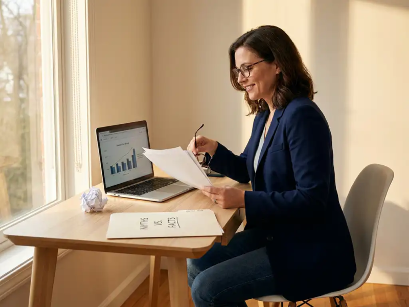 Zelfverzekerde freelancer aan opgeruimd bureau met laptop, documenten en verfrommeld papier, warm Nederlands daglicht.