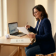 Zelfverzekerde freelancer aan opgeruimd bureau met laptop, documenten en verfrommeld papier, warm Nederlands daglicht.