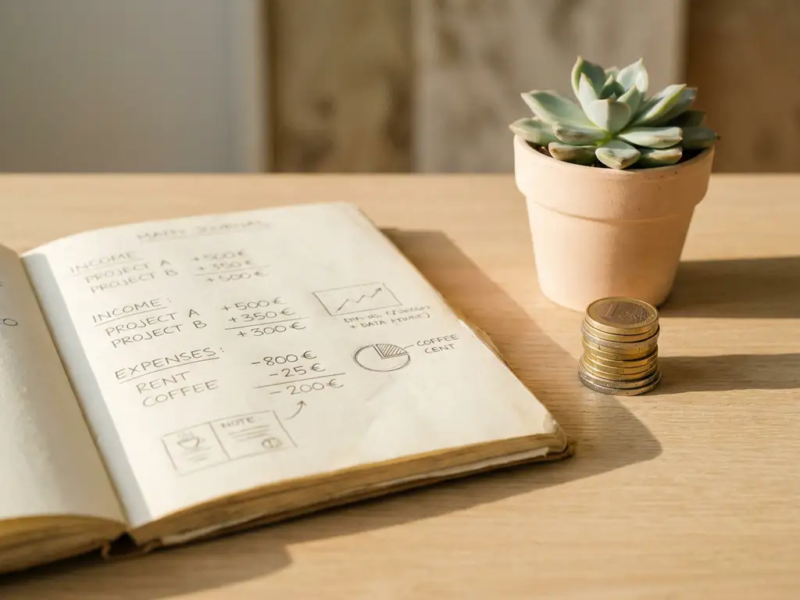 Notitieboek met financiële berekeningen naast gestapelde euromunten en een vetplant op een wit eikenhouten bureau in warm ochtendlicht.