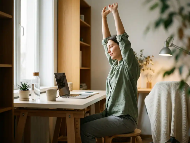 Freelancer die 's ochtends strekt aan een licht thuiskantoor bureau, met een herbruikbare waterfles, plant en laptop in zacht daglicht.