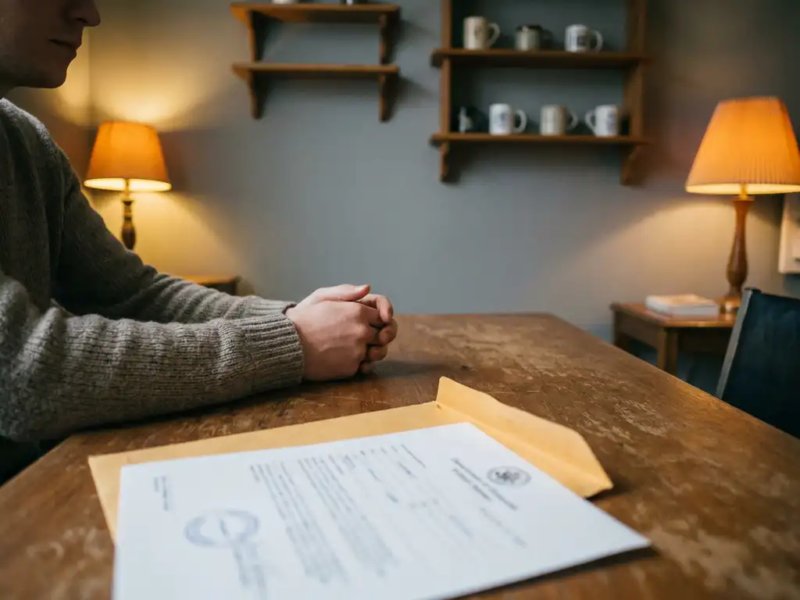 Freelancer aan minimalistisch houten bureau met geopende officiële envelop en overheidsdocument, handen stil in bezorgde rust.