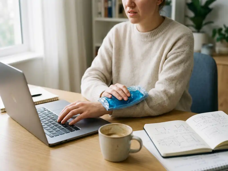 Freelancer aan thuiswerkbureau met laptop en ijspak tegen pijnlijke pols, koffie en notitieboeken op de achtergrond.