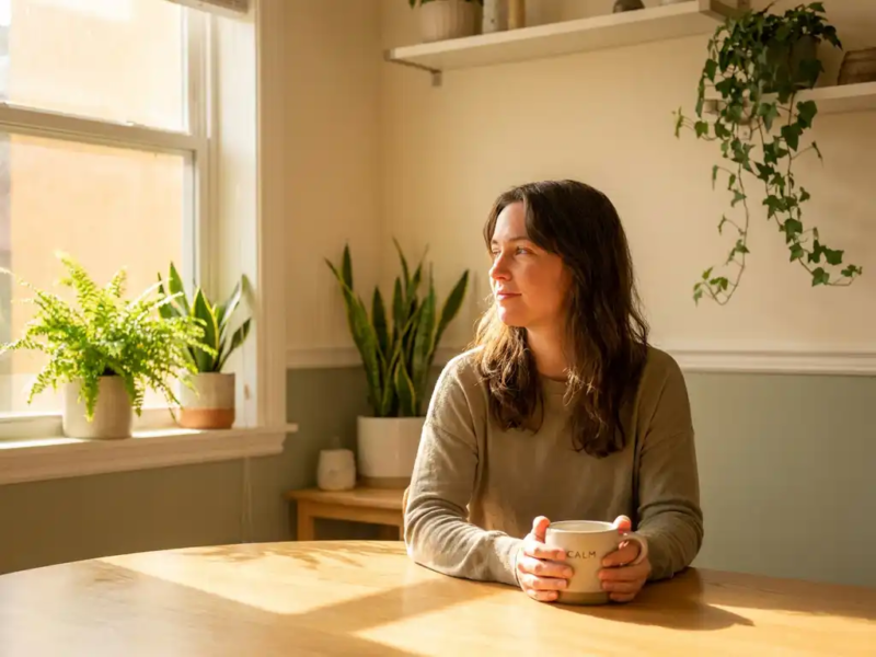 Freelancer aan een houten bureau in warm zonlicht, handen om een keramieken mok, omringd door kamerplanten en zachte amber tinten.