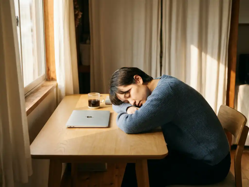 Freelance ondernemer slapend aan een minimalistische eiken bureau, hoofd op gevouwen armen naast laptop en koffiekop, warm ochtendlicht.