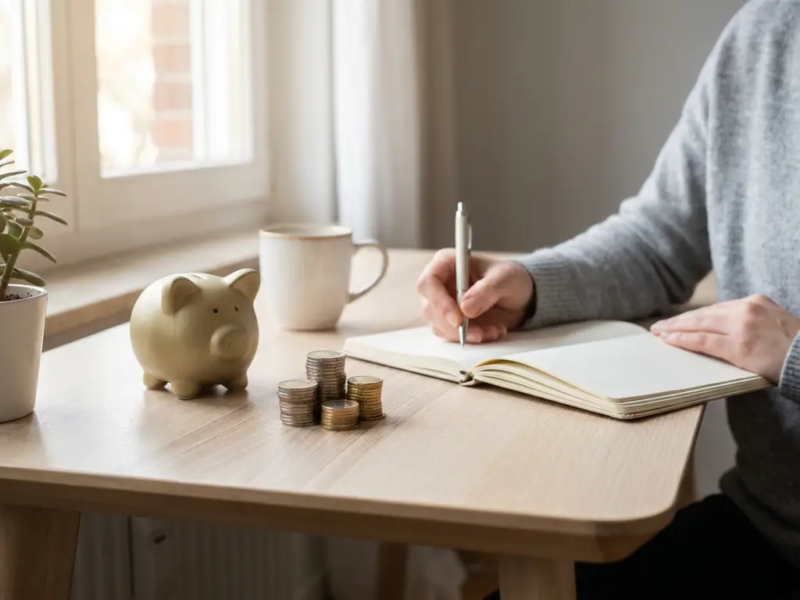 Freelancer aan modern houten bureau met spaarpot en gestapelde euromunten naast een opengeslagen notitieboek, warm natuurlijk licht.
