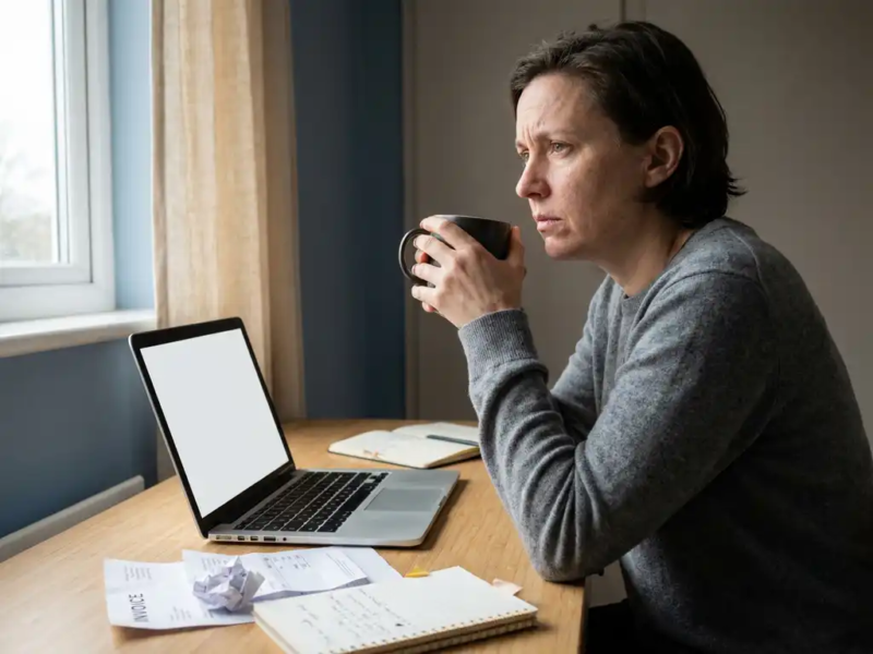 Freelancer aan minimalistische thuiswerkplek, handen om koffiemok, bezorgde blik, open laptop en verspreide facturen zichtbaar.