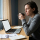 Freelancer aan minimalistische thuiswerkplek, handen om koffiemok, bezorgde blik, open laptop en verspreide facturen zichtbaar.