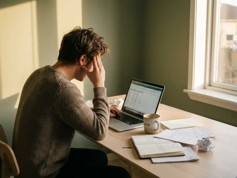 Freelancer leunt vermoeide op hand aan minimalistische houten thuiswerkplek met laptop, notitieboeken en koud kopje koffie.