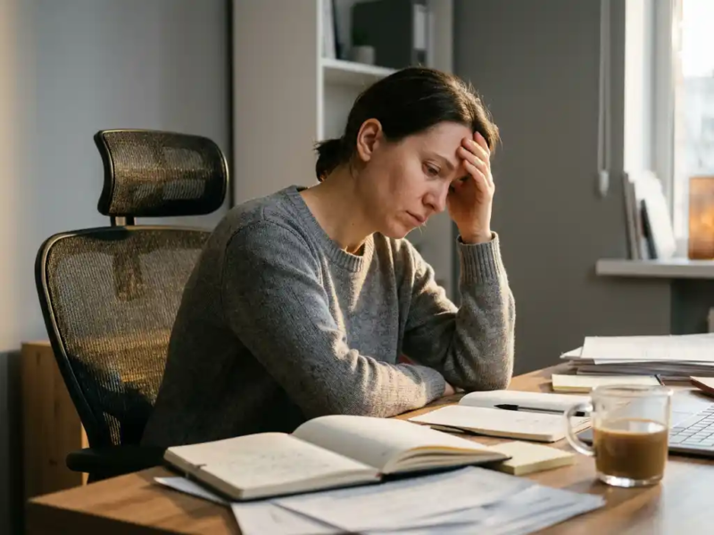 Freelancer uitgeput in ergonomische bureaustoel, hand tegen slaap, rommelig bureau met notitieboeken en vergeten koffie in zacht middaglicht.