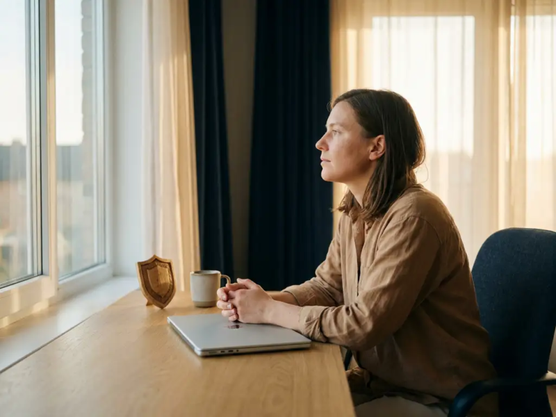 Freelancer aan minimalistisch thuiskantoor, peinzend in de verte starend naast gesloten laptop en houten schildje, warm middaglicht.