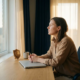 Freelancer aan minimalistisch thuiskantoor, peinzend in de verte starend naast gesloten laptop en houten schildje, warm middaglicht.