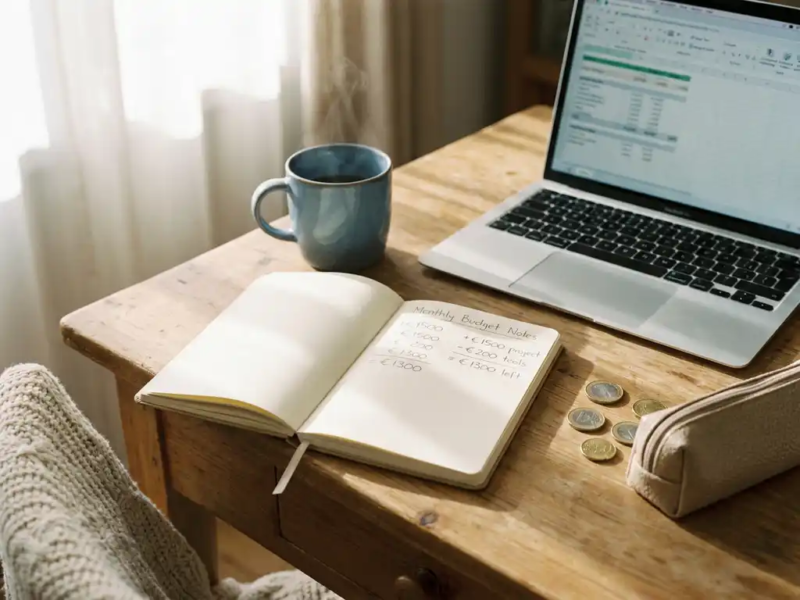 Freelancer thuiskantoor met open notitieboek vol budgetberekeningen, dampende koffie, laptop en euromunten op houten bureau in ochtendlicht.