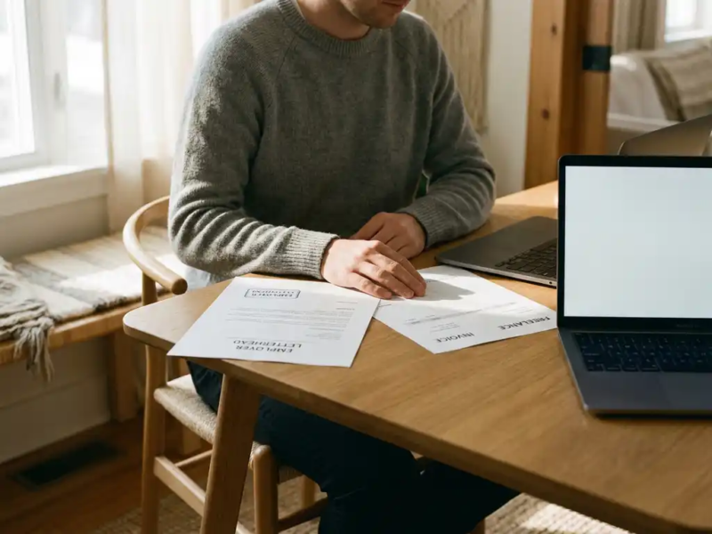 Freelancer aan bureau met twee contractdocumenten naast elkaar, laptop open, warm natuurlijk raamlicht en zachte schaduwen.